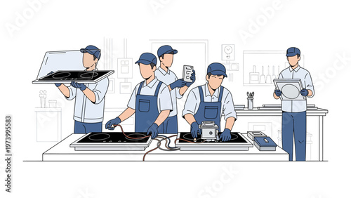 Workmen in Production: A group of skilled workers diligently assemble and inspect components at a factory. This image perfectly encapsulates the precision and teamwork that are key to the industry.