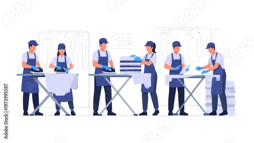 Precision Cleaning Professionals: A team of diligent cleaning staff meticulously work to prepare fresh laundry with their iron in a tidy workspace setting, emphasizing order, cleanliness.