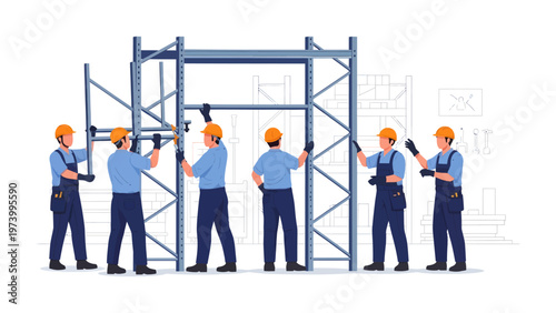 Construction Crew at Work: A team of construction workers is diligently assembling a metal scaffolding, a symbol of construction and engineering efforts.