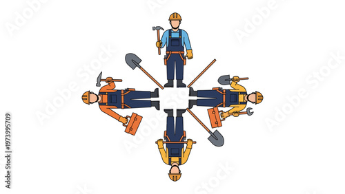 Construction Teamwork and Unity: A symbolic illustration depicts construction workers arranged in a unified formation, each holding essential tools and representing collaboration.
