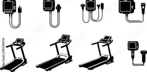 Medical Diagnostic Ultrasound Equipment and Physical Therapy Treadmill Machine Vector Silhouette Icons Set for Health Care Clinic Cardiology Testing and Fitness Rehabilitation Centers