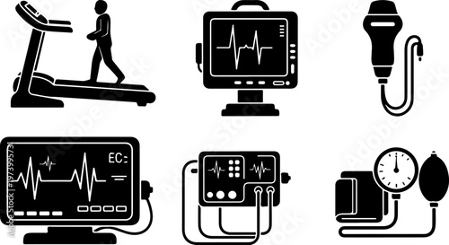 Medical diagnostic equipment silhouette set featuring treadmill stress test, heart rate monitor, ECG display, blood pressure gauge.
