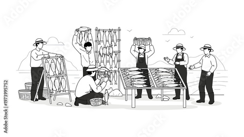 Artisan Fishery Illustration: A group of dedicated individuals are diligently involved in the traditional practice of fish drying under the open sky.