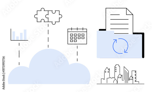 Cloud technology, data sharing, workflow optimization, business analytics, online synchronization, cloud storage. Illustrated cloud with folder, graphs puzzle piece calendar and cityscape. Cloud