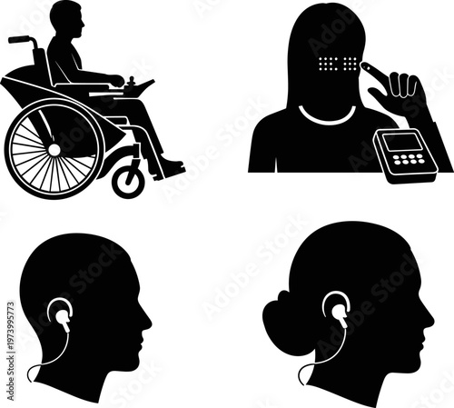 Medical mobility aids and accessibility silhouette icons featuring electric wheelchair user, person reading braille with tactile device, and individuals using hearing assistance earplugs.