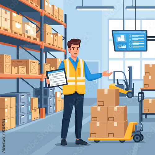 An attentive logistics manager coordinates efficient warehouse operations, ensuring precise inventory management and smooth supply chain processes using integrated digital tools