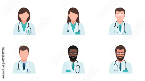 Diverse doctor avatars and medical professional icons set. Flat design healthcare team portraits with stethoscope and lab coat.