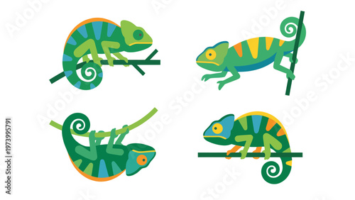 Cartoon chameleons in various poses on branches. Cute tropical reptile vector illustrations for kids.