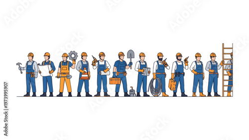 Construction Crew Illustration: A collection of construction workers, each bearing their own distinct tool, poised to conquer the challenges of construction.