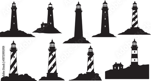 Collection of various lighthouse silhouettes on white background