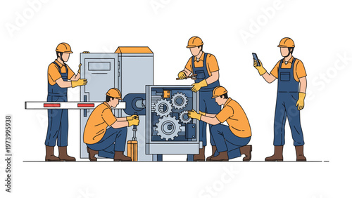 Engineers at Work: A team of engineers meticulously inspect and repair the inner workings of a large machine. Each engineer focused, bringing their expertise to ensure optimal performance.