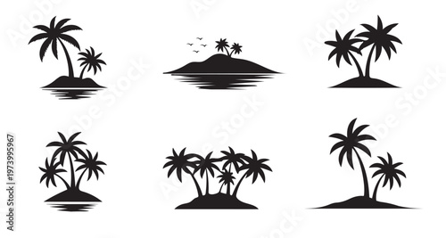 Tropical island silhouette collection palm trees and lush vegetation