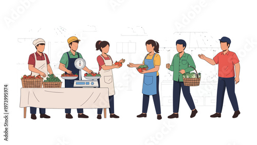 Local Market Exchange: A bustling scene at a local market, featuring vendors interacting with customers amidst fresh produce. capturing the essence of community, commerce, and wholesome goods.