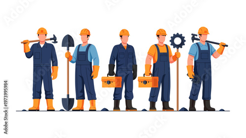 Construction Crew with Tools: A united assembly of construction workers, each holding a different tool, embodies the essence of teamwork and skillful execution in the building trade.