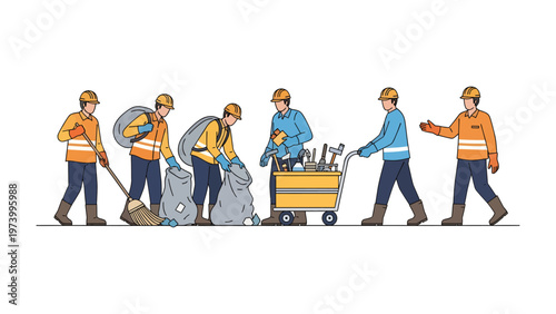 Community Cleanup: Dedicated volunteers collaborate to keep their community pristine, sweeping up litter, packing garbage bags, and working together to maintain a clean environment. 