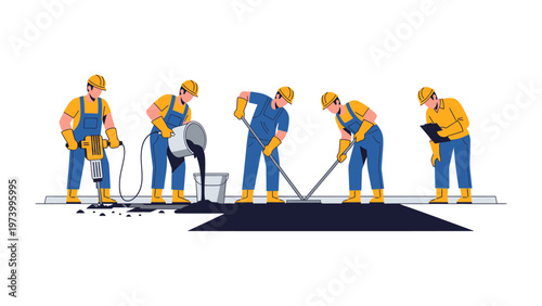 Construction Workers: A dynamic illustration captures construction workers in a coordinated effort, showcasing the intricate stages of road construction.