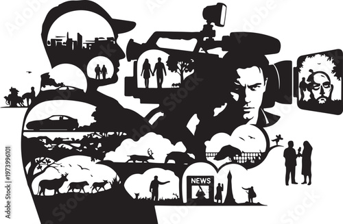 Silhouette of a cameraman with various news scenes around