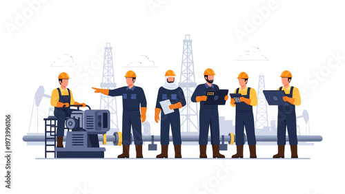 Energy Industry Collaboration: A team of oil rig workers in protective gear, collaboratively working in the energy industry, demonstrating teamwork, expertise and industry.