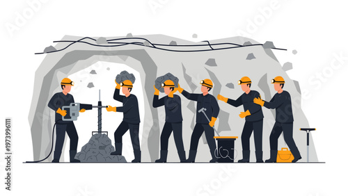 Mine Workers in Operation: A group of diligent mine workers are working together to extract resources, symbolizing the industry and construction effort.