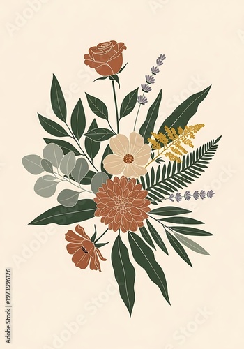 Rustic autumnal flower arrangement graphic with rose and foliage elements