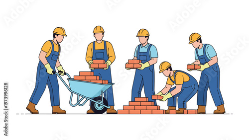 Construction Crew at Work: A team of skilled construction workers, wearing safety helmets and workwear, collaborate on a building project, meticulously laying bricks with precision and teamwork.