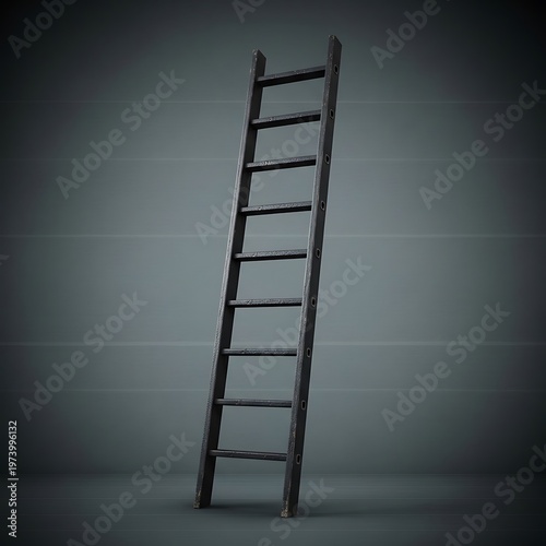 Rustic wooden ladder leaning against grey wall offers symbolic elevation