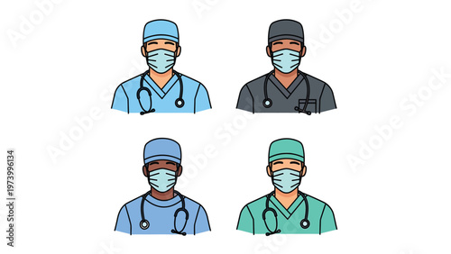 Diverse healthcare professionals in scrubs and masks with stethoscopes. Medical staff vector illustration.