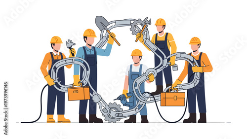 Team of Engineers: An illustration capturing a skilled team of engineers working together on a complex project, symbolizing the synergy of engineering and innovation. 