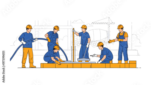 Construction teamwork: A group of construction workers collaborate on a building project, demonstrating unity and expertise in a dynamic illustration.