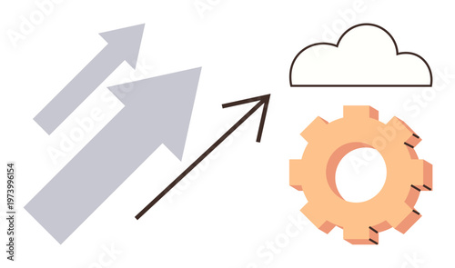 Technology progress, cloud storage, computing, data transfer, innovation, business growth. Arrows pointing to a cloud with a gear design. Cloud storage and data transfer concept