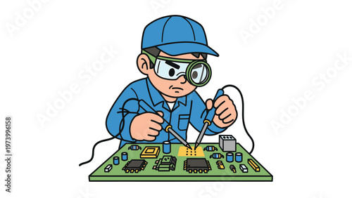 Cartoon engineer soldering electronic circuit board components with magnifying goggles