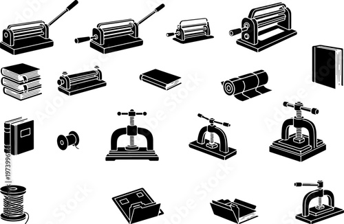 Black and white bookbinding tools vector set featuring heavy manual paper cutters, metal industrial press machines, stacked books, folders, thread spools, and roll laminating equipment.