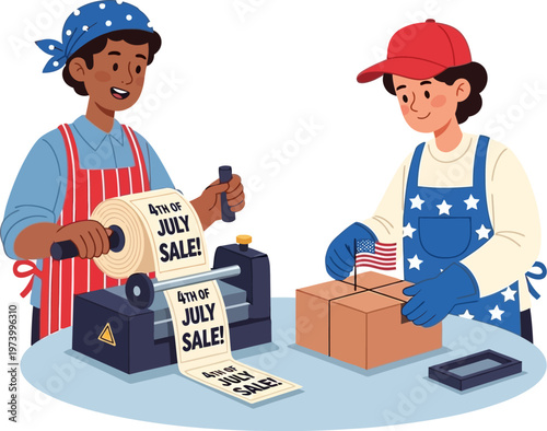 Dedicated team members prepare festive holiday sale packages, applying patriotic labels and flags to parcels in anticipation of a bustling celebratory shopping event