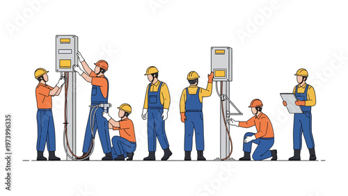 Electrical Installers at Work: A team of skilled electrical installers meticulously works on an electrical panel.