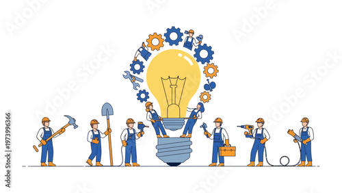 Innovative Teamwork: A group of miniature figures collaborates around a luminous lightbulb.