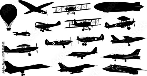 Black silhouette collection of vintage and modern aircraft including biplanes jet fighters hot air balloon and dirigible isolated on white background for aviation design
