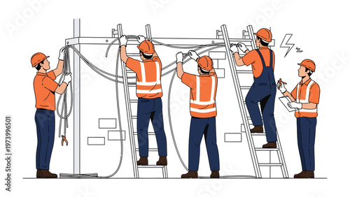 Electricians at Work: A team of skilled electricians diligently work on an electrical infrastructure, showcasing expertise and collaboration.