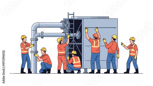 Engineers at Work: A team of skilled engineers, adorned in safety helmets and workwear, meticulously inspect and maintain industrial machinery.