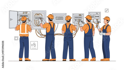 Electrical Work in Progress: A team of skilled technicians meticulously working on electrical panels, their focused effort illuminating the intricate network of wires and circuits.