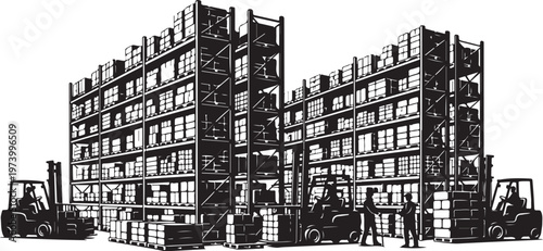 Warehouse with forklifts and workers loading boxes efficiently outside