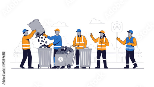 Community Cleanup Crew: A dedicated team of sanitation workers diligently collects trash, embodying environmental responsibility and maintaining cleanliness.