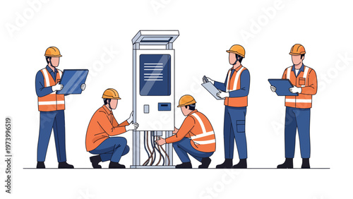 Technicians' Meticulous Installation: Skilled technicians meticulously install and inspect intricate electrical systems, showcasing precision and teamwork.