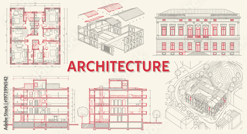 Architecture blueprints and building designs.