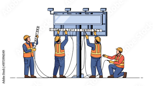 Billboard Installation in Progress: Skilled workers in construction attire, meticulously install a towering billboard, showcasing the precision and expertise involved in outdoor advertising. 