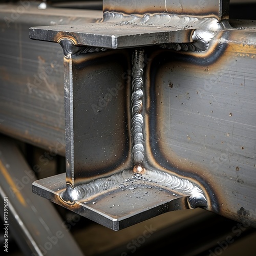Steel beam reinforced with welded metal brackets in industrial setting