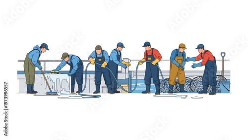 Crew at Work: A group of seafarers engages in their maritime duties, diligently attending to their tasks. This scene captures the dedication and teamwork essential to life at sea.