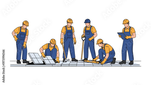 Building Crew at Work: A team of construction workers is diligently laying tiles on a surface, showcasing collaboration and precision in their craft. 