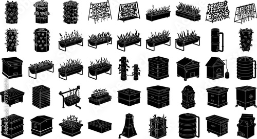 Black silhouette vector icon set of sustainable urban gardening equipment including vertical planters hydroponic systems raised garden beds beehives compost bins and irrigation tools