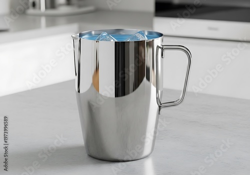 Stainless steel pitcher with ice water on the kitchen counter top