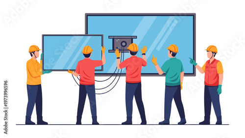 Team Installation of TV: A dedicated team, dressed in work attire, collaborates to install television sets, showcasing teamwork and technological prowess.
